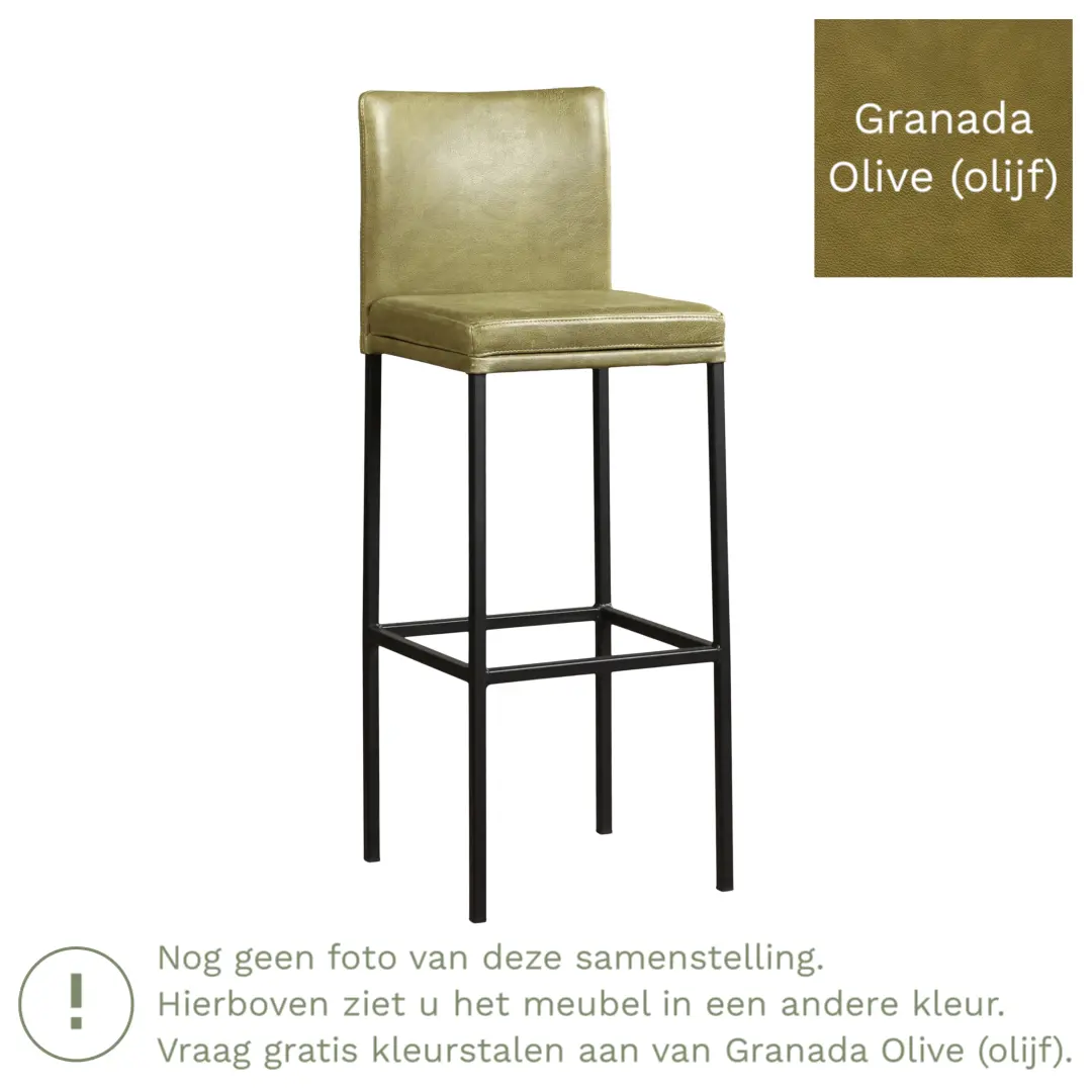 afbeelding van Leren barkruk Break hoog - Granada Olive (olijf) - Poten staal vierkant RVS