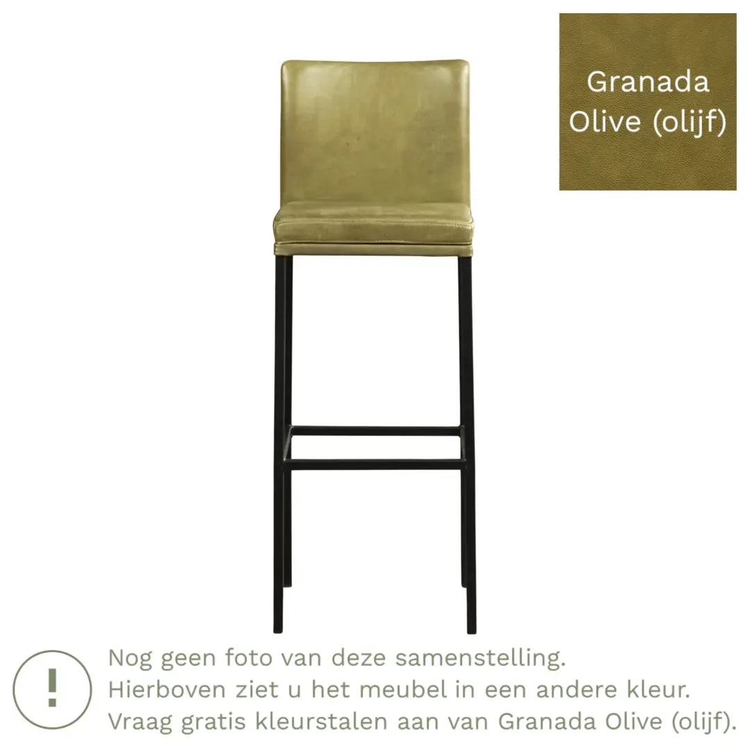 afbeelding van Leren barkruk Break hoog - Granada Olive (olijf) - Poten staal vierkant RVS