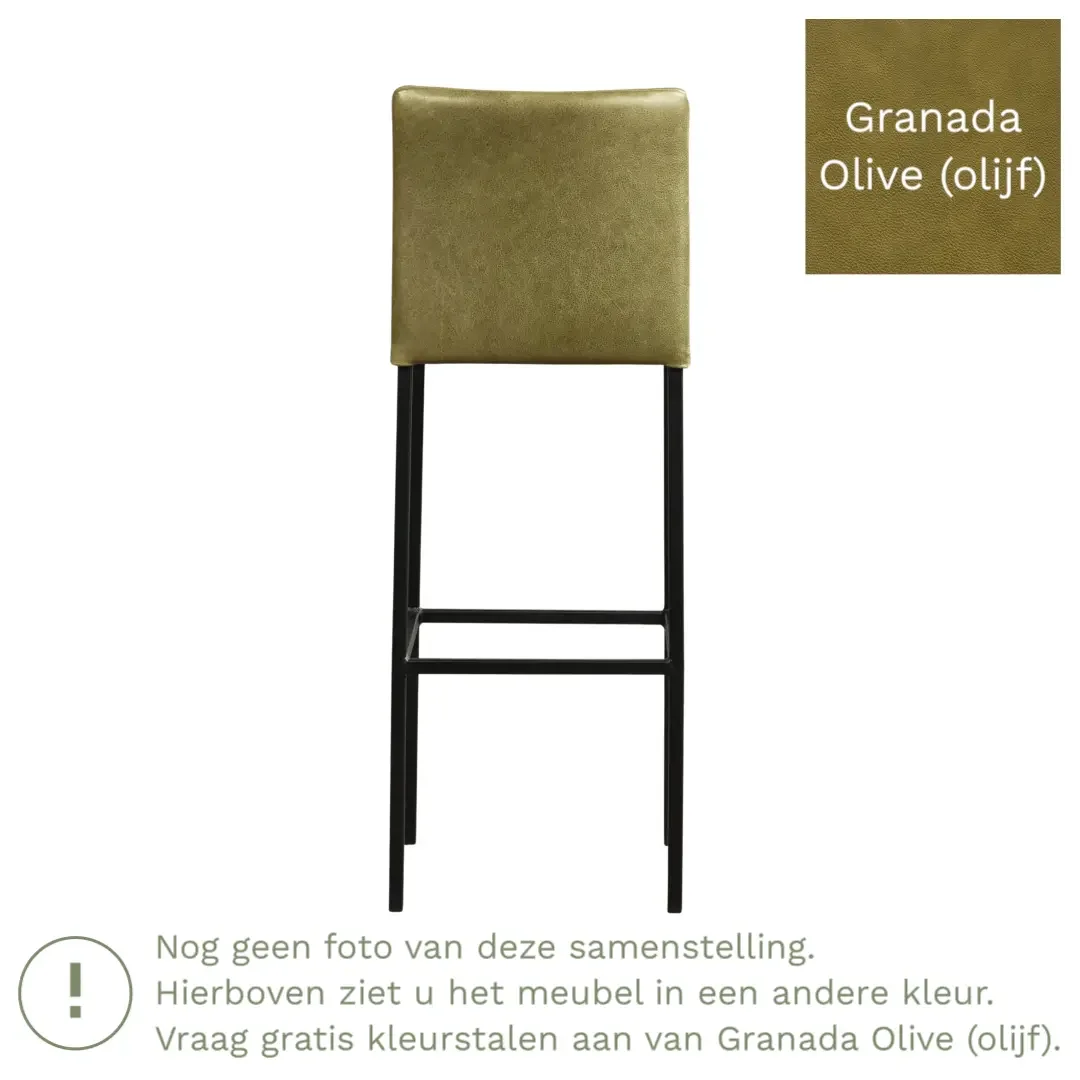 afbeelding van Leren barkruk Break hoog - Granada Olive (olijf) - Poten staal vierkant RVS