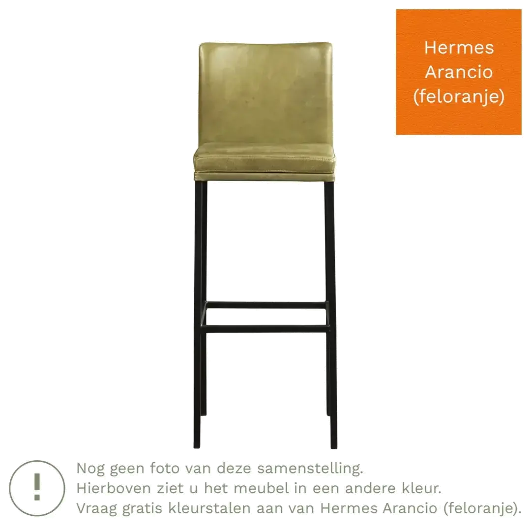 afbeelding van Leren barkruk Break hoog - Hermes Arancio (feloranje) - Poten staal vierkant zwart