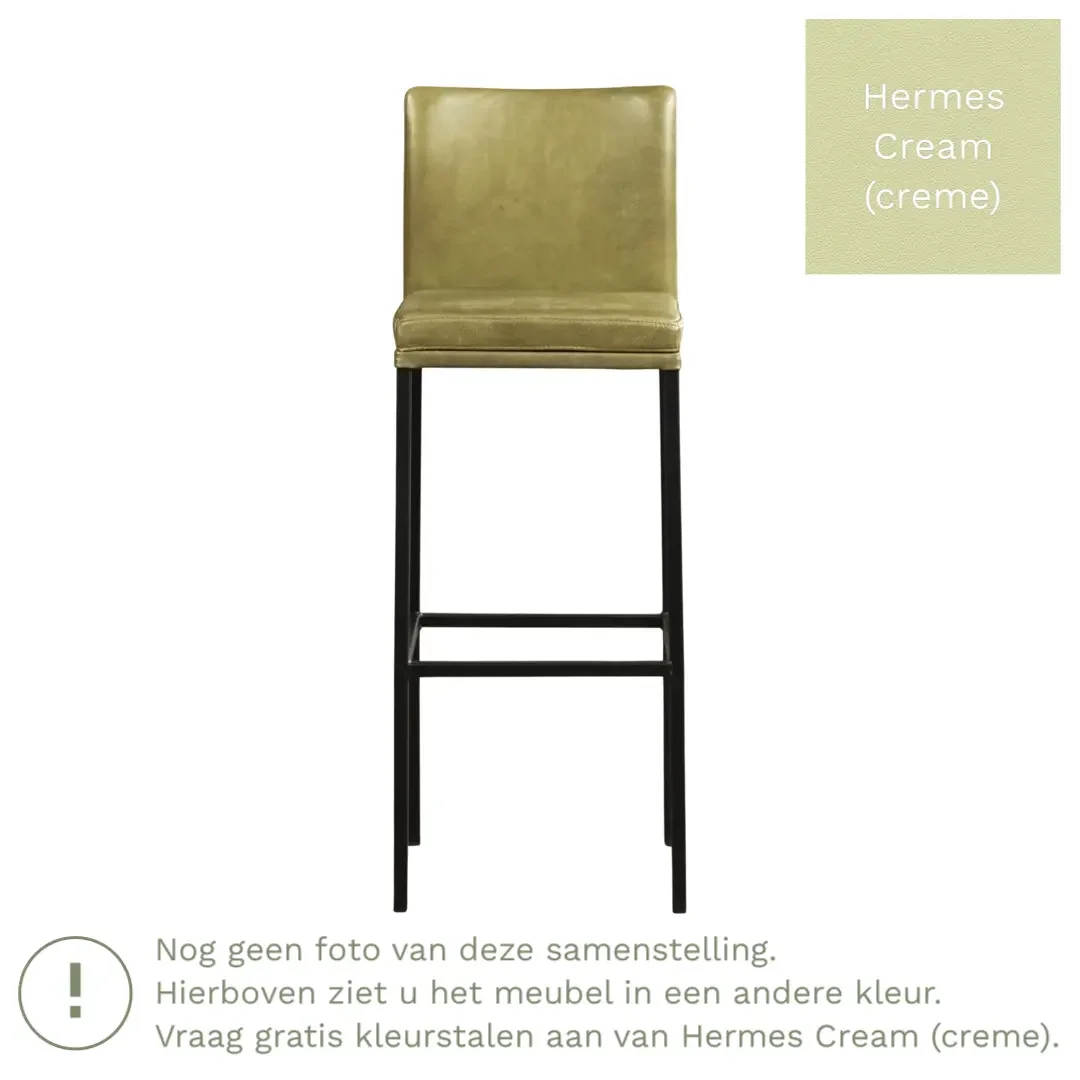 afbeelding van Leren barkruk Break hoog - Hermes Cream (crème) - Poten staal vierkant RVS