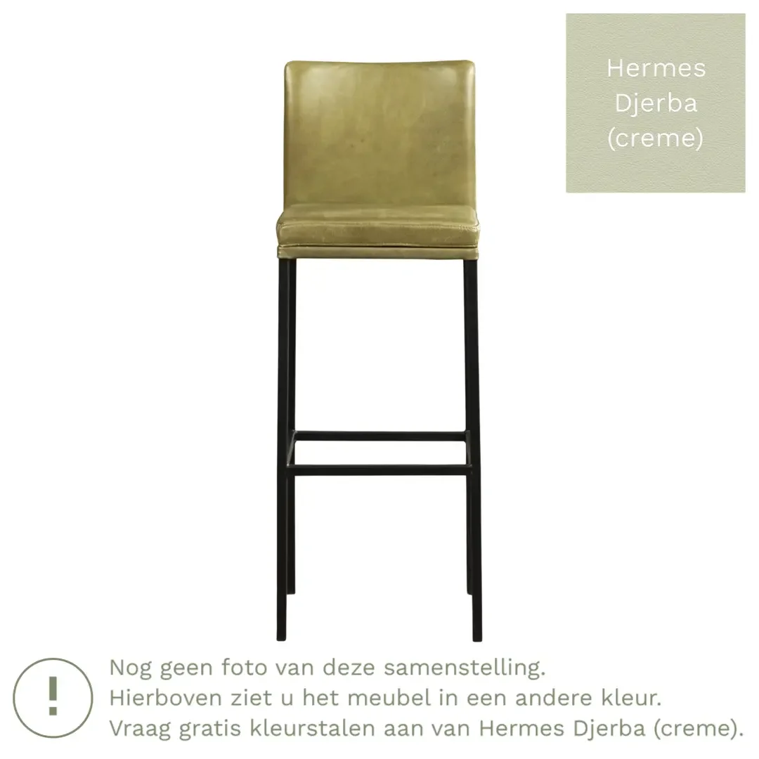 afbeelding van Leren barkruk Break hoog - Hermes Djerba (crème) - Poten staal vierkant zwart