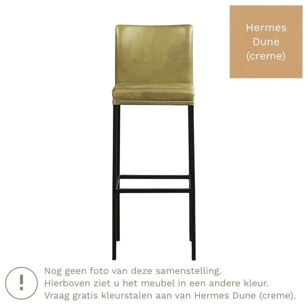 afbeelding van Leren barkruk Break hoog - Hermes Dune (crème) - Poten staal vierkant zwart