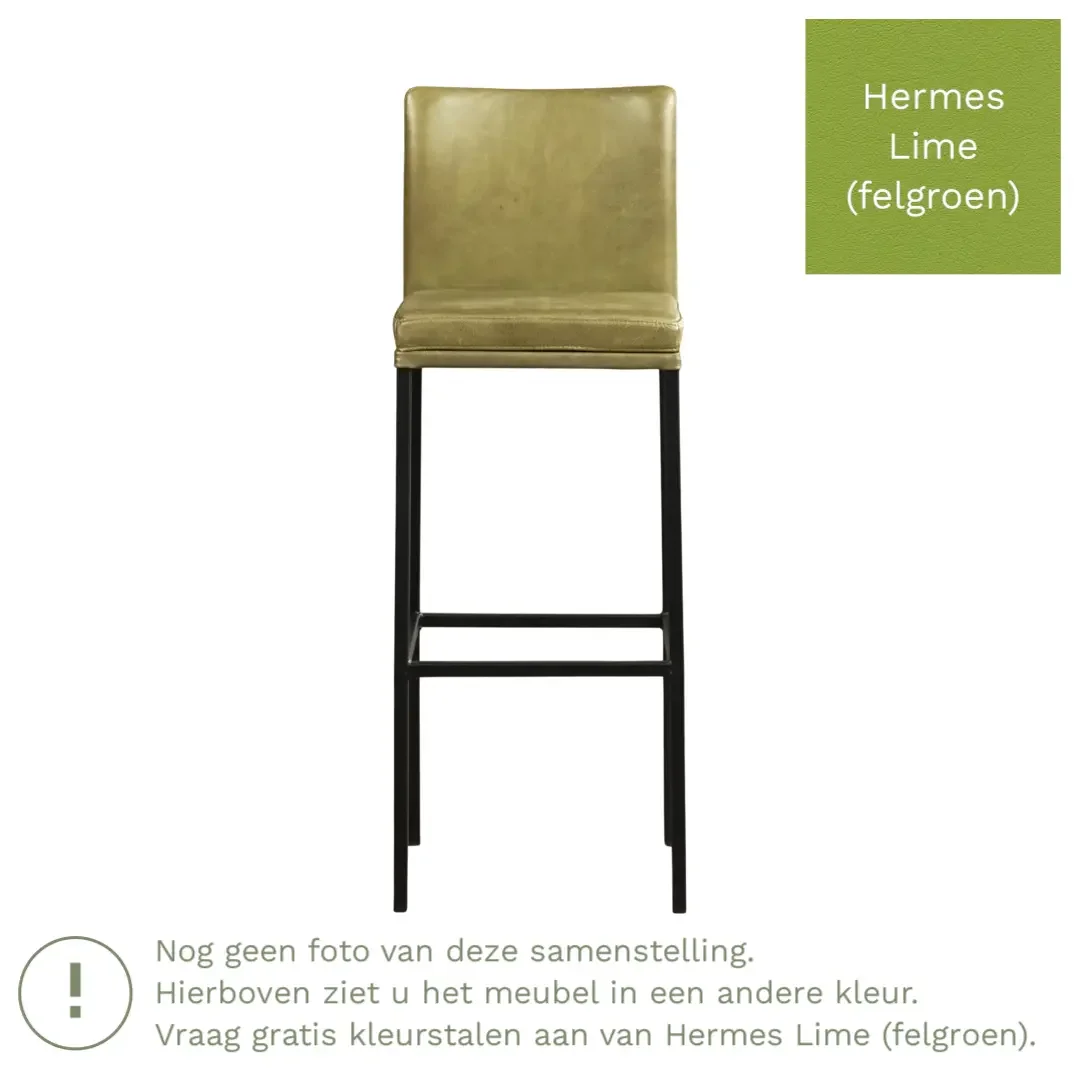 afbeelding van Leren barkruk Break hoog - Hermes Lime (felgroen) - Poten staal vierkant zwart