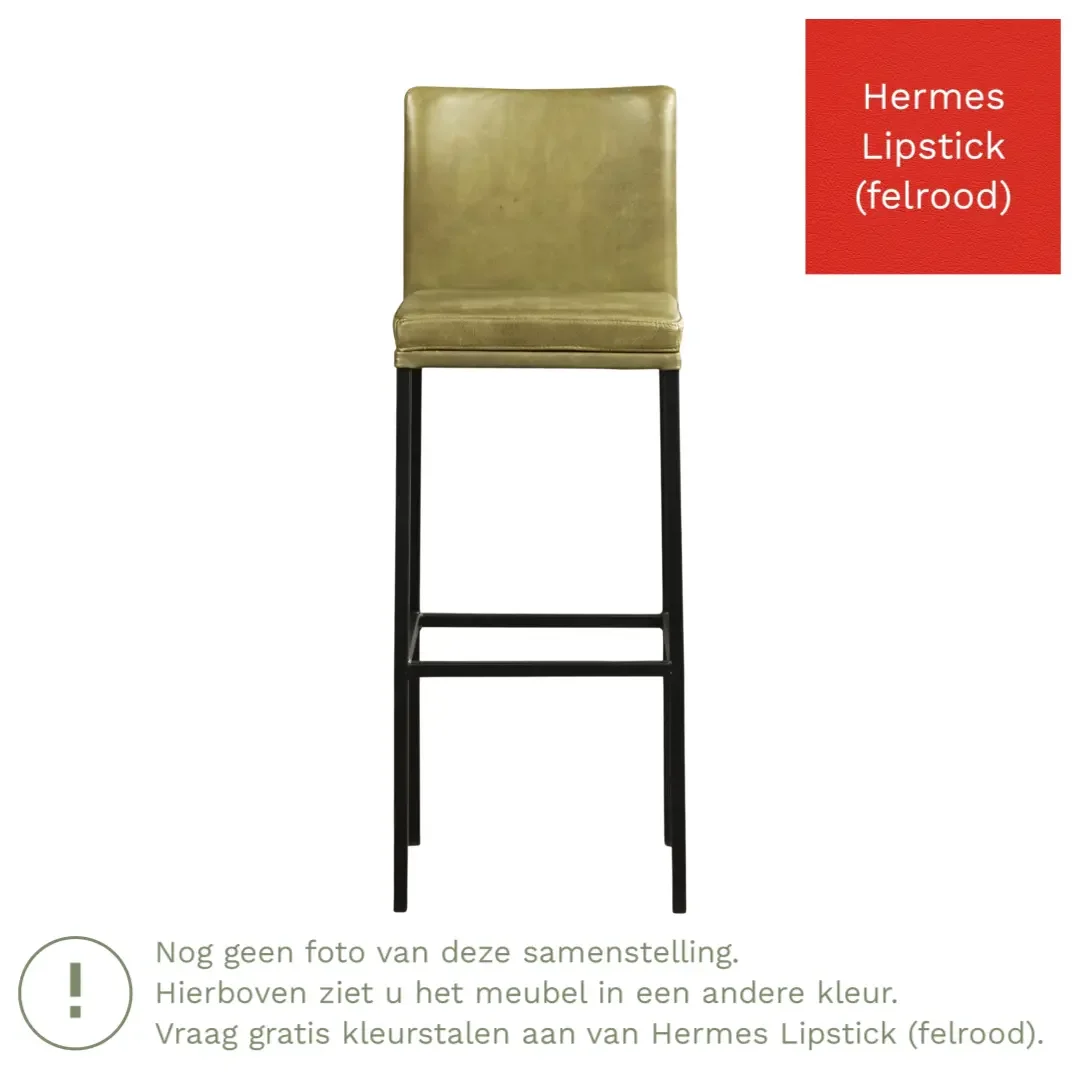 afbeelding van Leren barkruk Break hoog - Hermes Lipstick (felrood) - Poten staal vierkant RVS