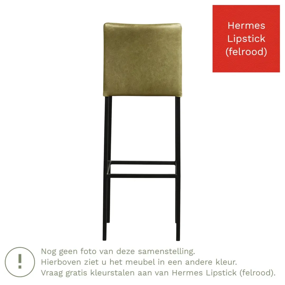 afbeelding van Leren barkruk Break hoog - Hermes Lipstick (felrood) - Poten staal vierkant zwart