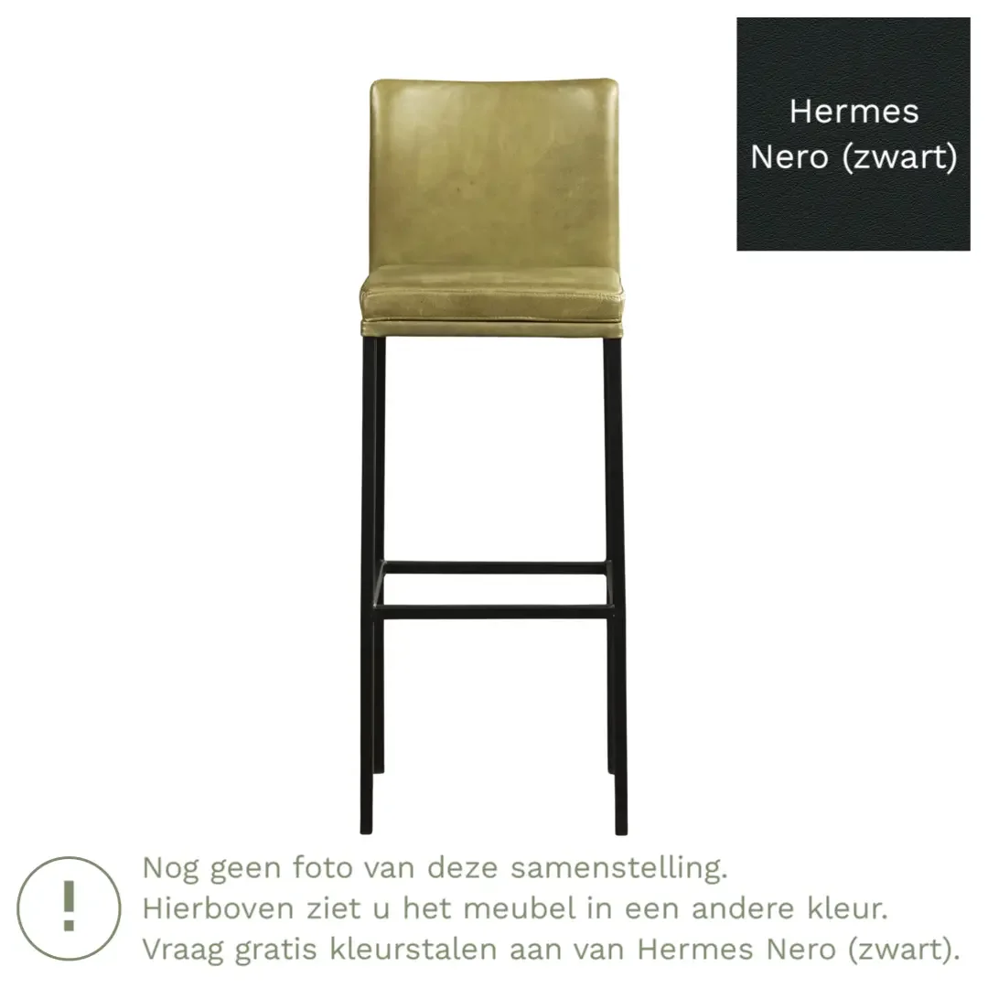 afbeelding van Leren barkruk Break hoog - Hermes Nero (zwart) - Poten staal vierkant zwart
