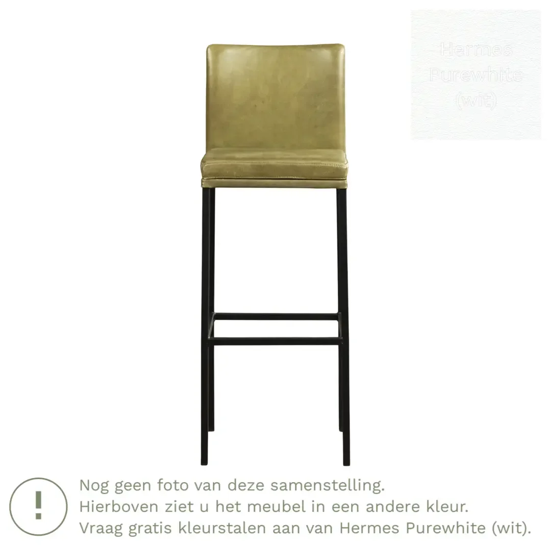 afbeelding van Leren barkruk Break hoog - Hermes Purewhite (wit) - Poten staal vierkant RVS