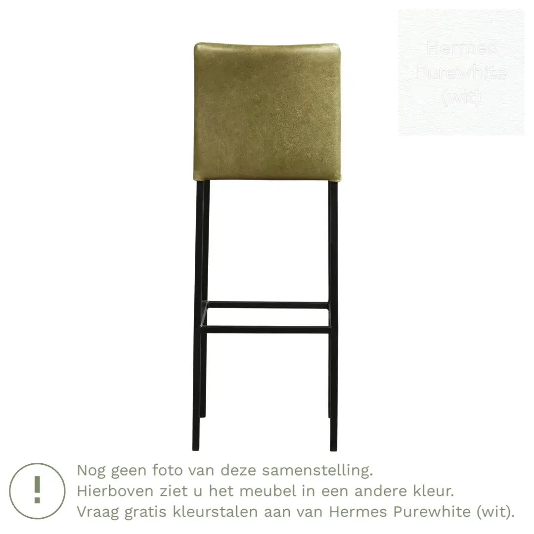afbeelding van Leren barkruk Break hoog - Hermes Purewhite (wit) - Poten staal vierkant RVS