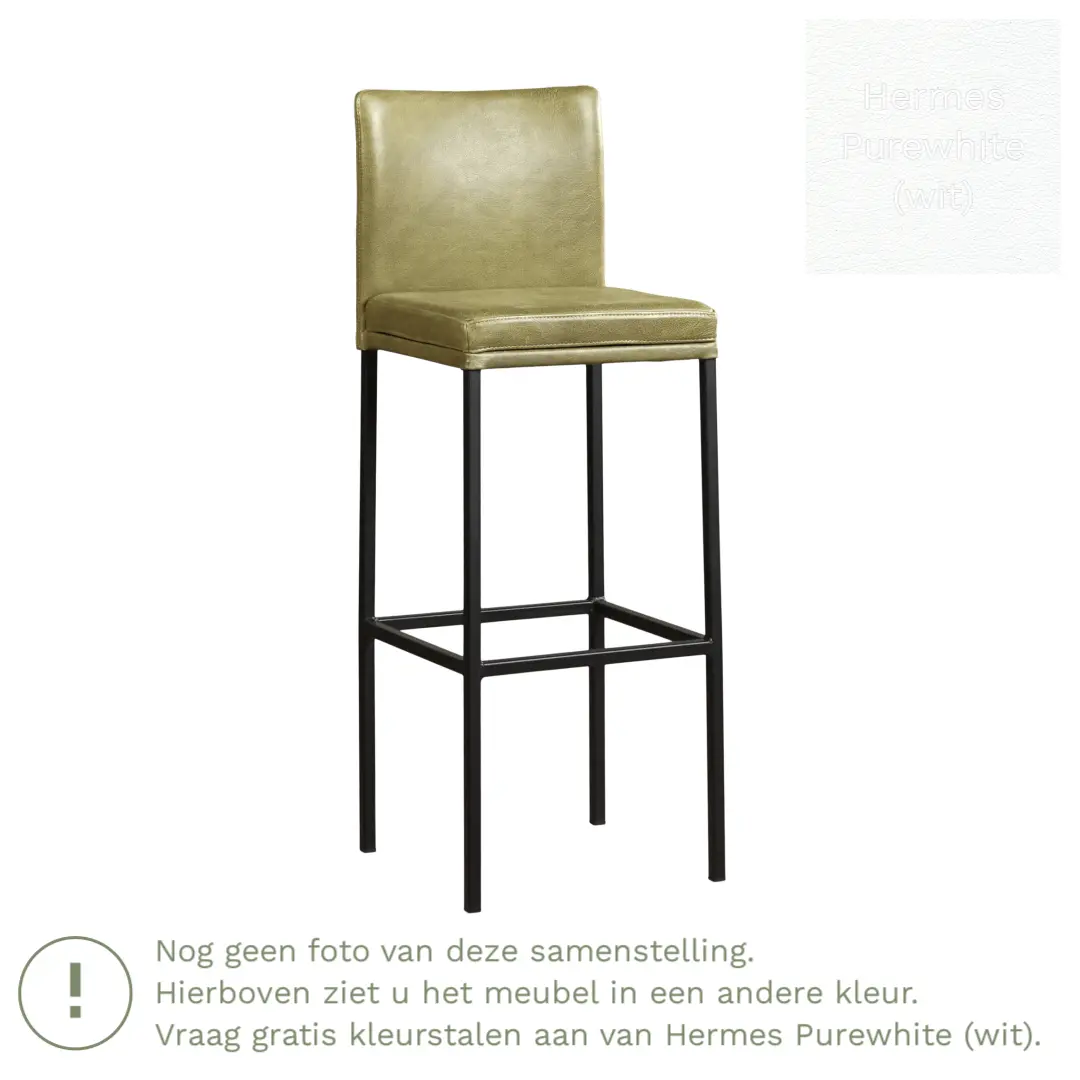 afbeelding van Leren barkruk Break hoog - Hermes Purewhite (wit) - Poten staal vierkant zwart