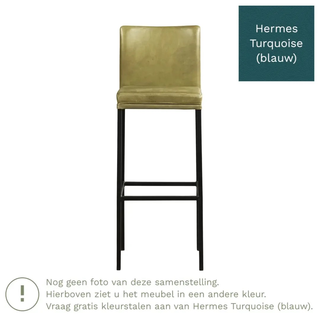 afbeelding van Leren barkruk Break hoog - Hermes Turquoise (blauw) - Poten staal vierkant zwart