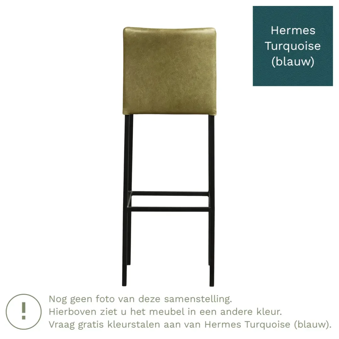 afbeelding van Leren barkruk Break hoog - Hermes Turquoise (blauw) - Poten staal vierkant zwart
