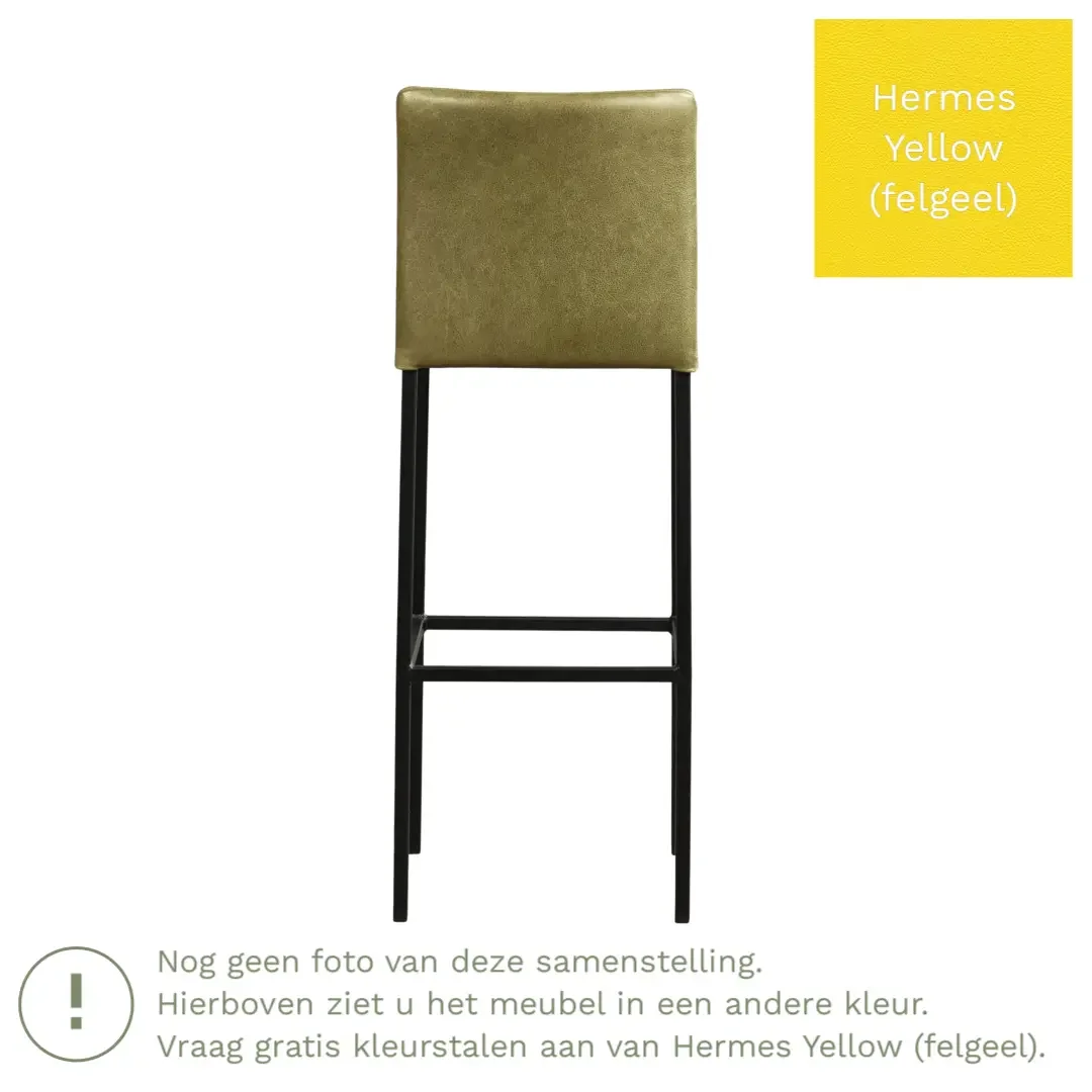 afbeelding van Leren barkruk Break hoog - Hermes Yellow (felgeel) - Poten staal vierkant zwart