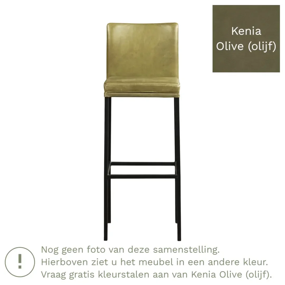 afbeelding van Leren barkruk Break hoog - Kenia Olive (olijf) - Poten staal vierkant zwart