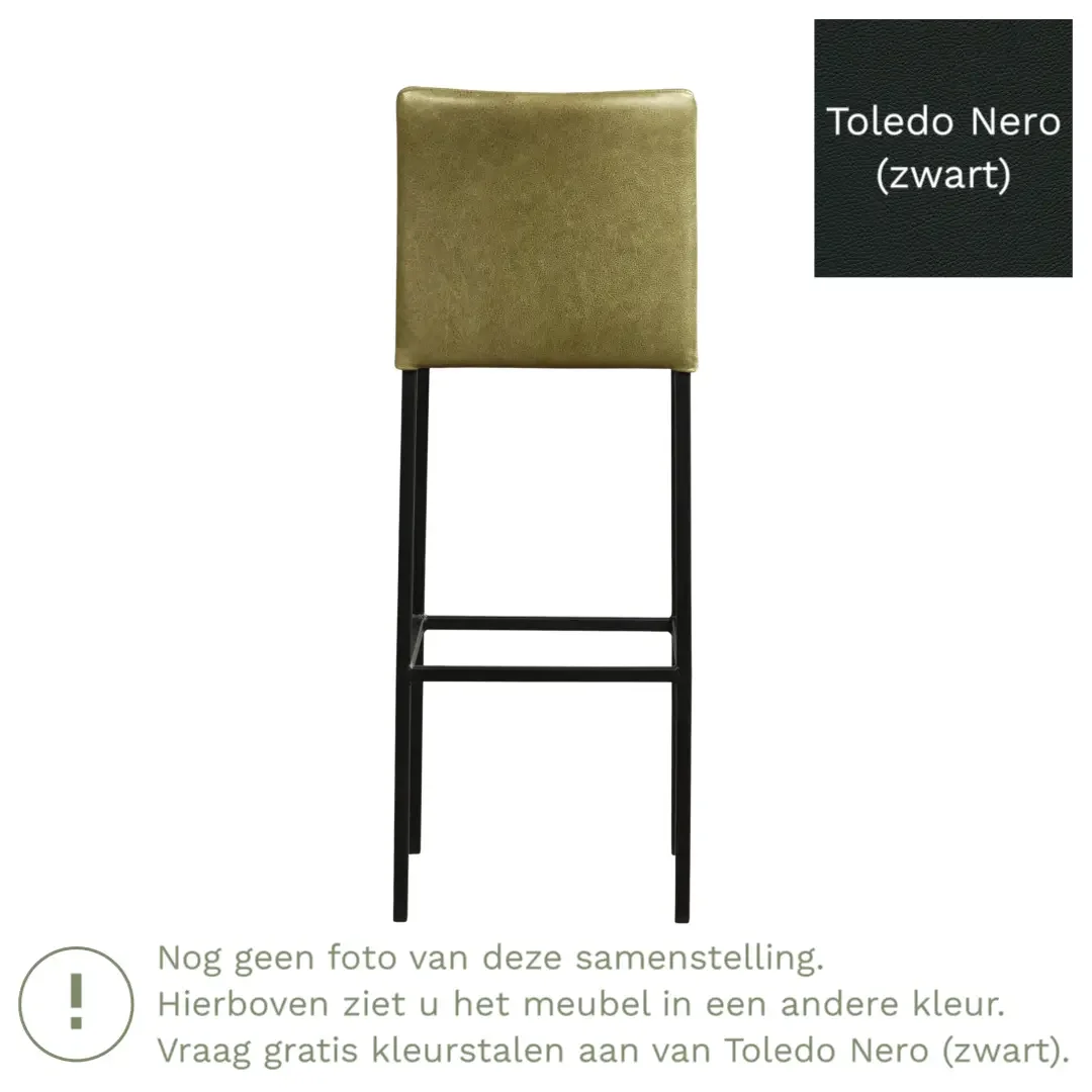 afbeelding van Leren barkruk Break hoog - Toledo Nero (zwart) - Poten staal vierkant zwart
