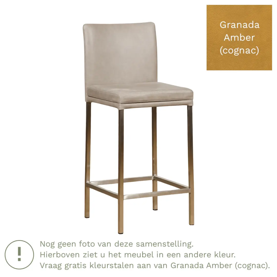 afbeelding van Leren barkruk Break laag - Granada Amber (cognac) - Poten staal vierkant zwart