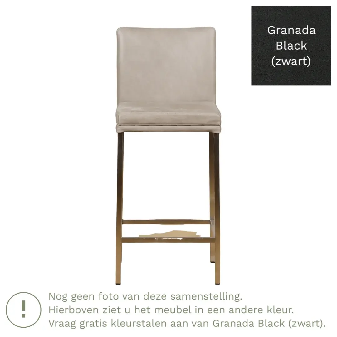 afbeelding van Leren barkruk Break laag - Granada Black (zwart) - Poten staal vierkant zwart