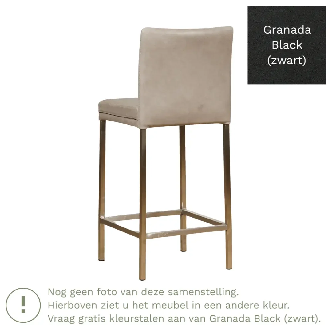 afbeelding van Leren barkruk Break laag - Granada Black (zwart) - Poten staal vierkant zwart