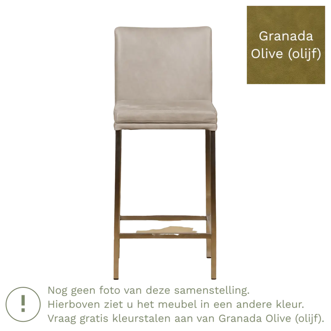 afbeelding van Leren barkruk Break laag - Granada Olive (olijf) - Poten staal vierkant RVS
