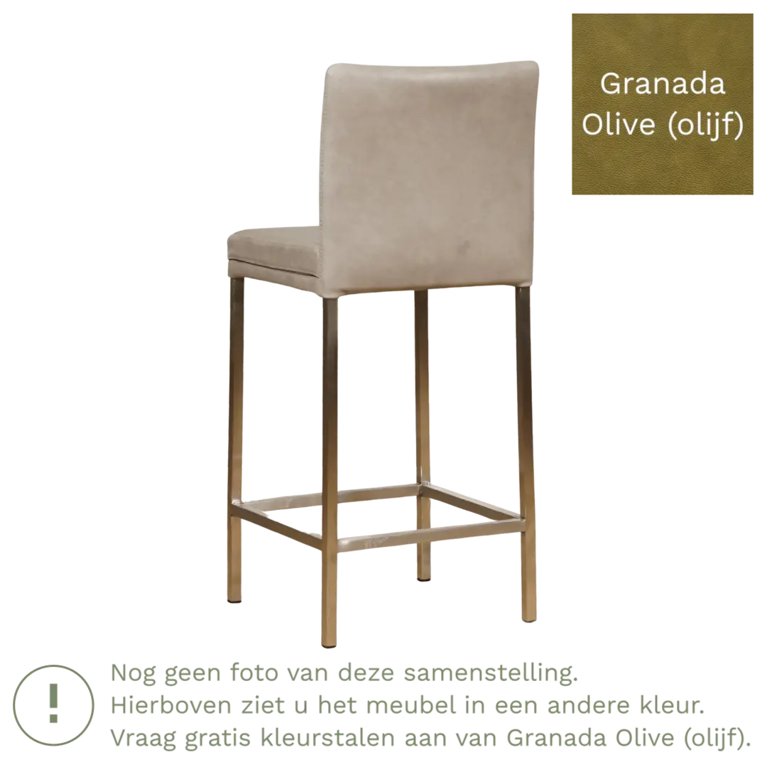 afbeelding van Leren barkruk Break laag - Granada Olive (olijf) - Poten staal vierkant RVS