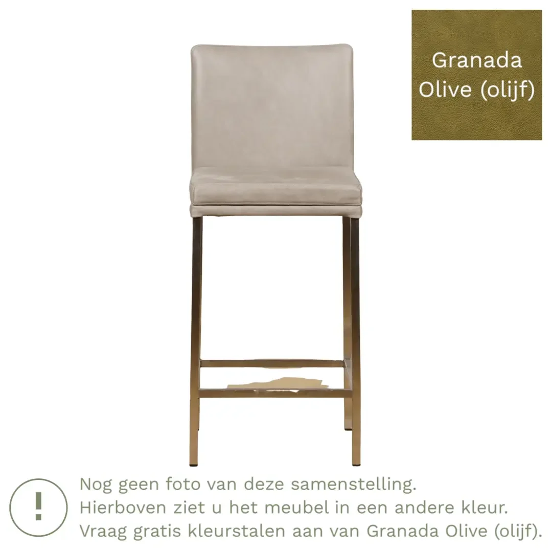 afbeelding van Leren barkruk Break laag - Granada Olive (olijf) - Poten staal vierkant zwart
