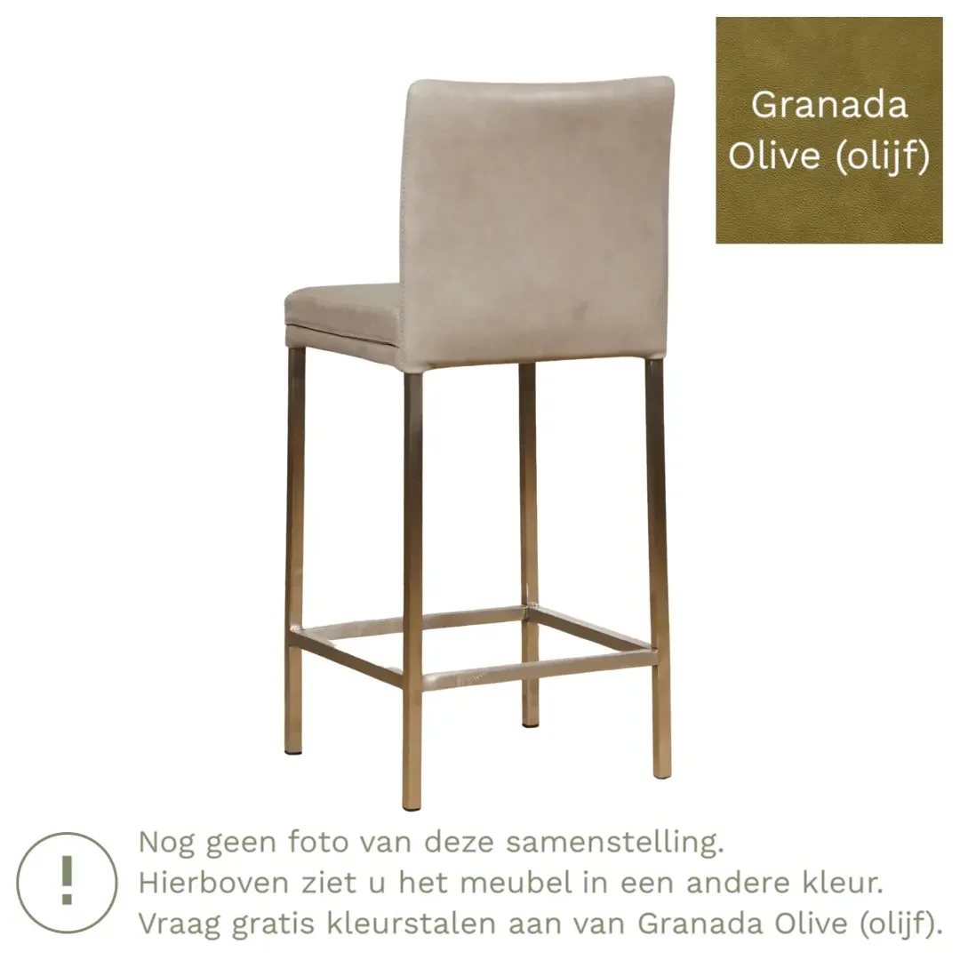 afbeelding van Leren barkruk Break laag - Granada Olive (olijf) - Poten staal vierkant zwart
