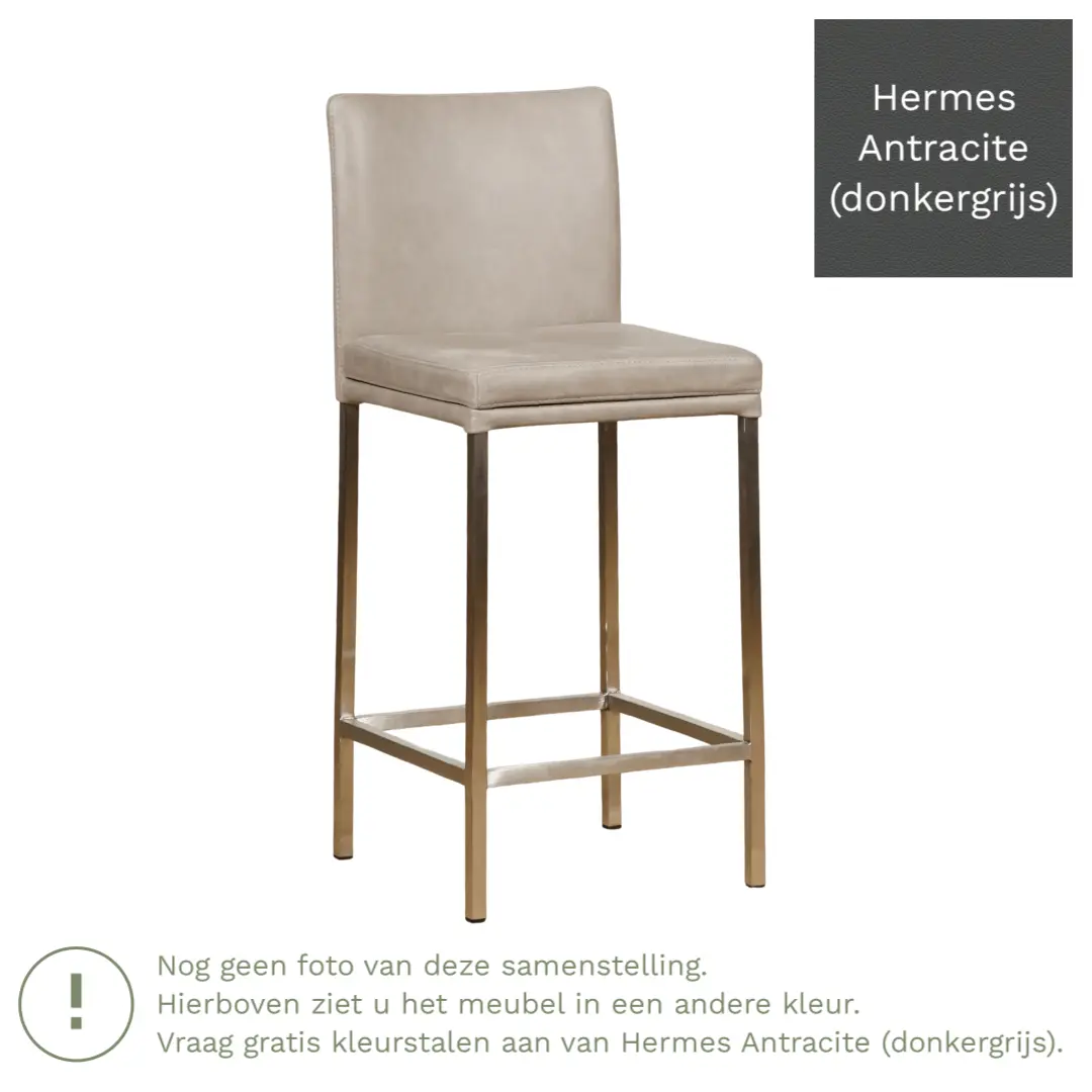 afbeelding van Leren barkruk Break laag - Hermes Antracite (donkergrijs) - Poten staal vierkant RVS