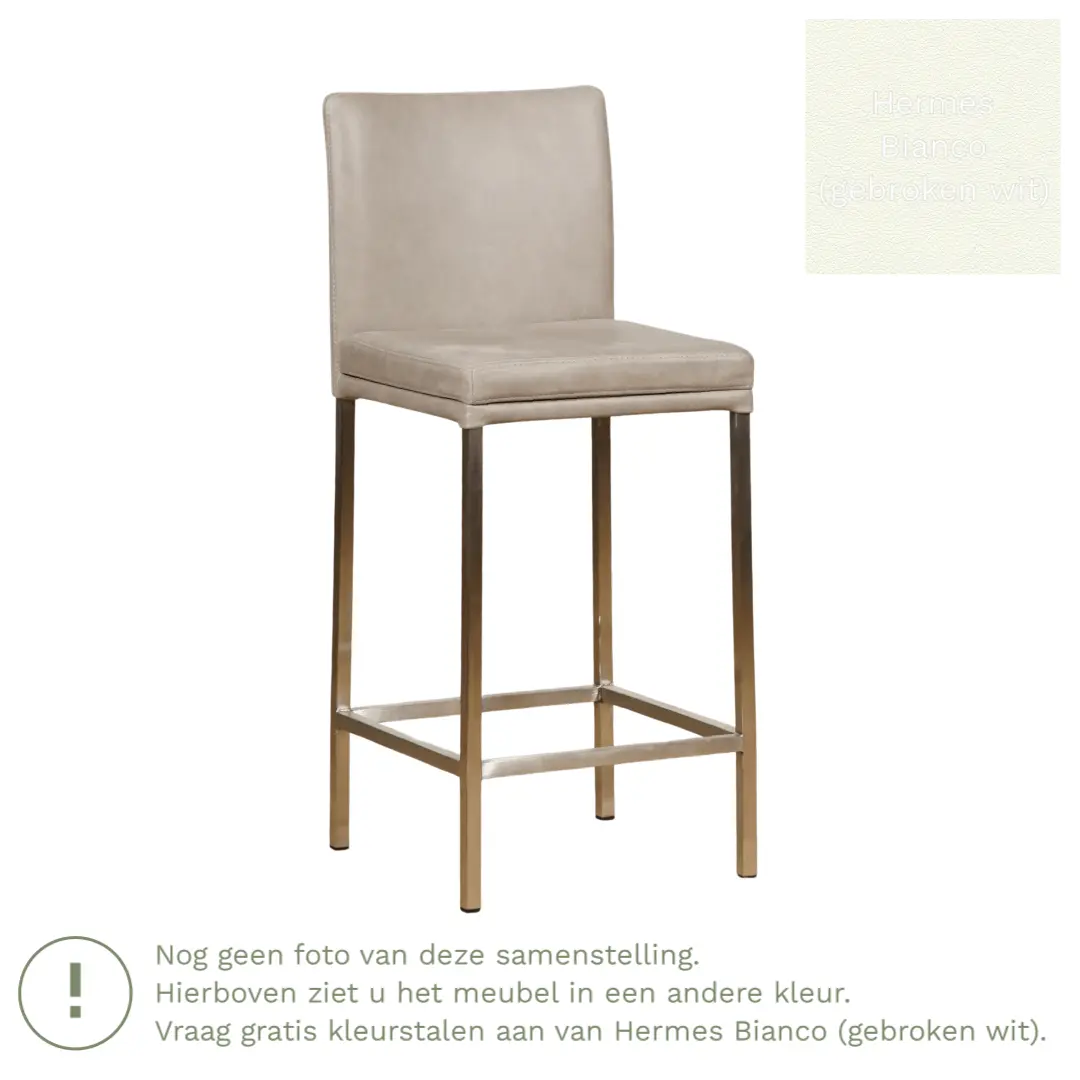 afbeelding van Leren barkruk Break laag - Hermes Bianco (gebroken wit) - Poten staal vierkant zwart