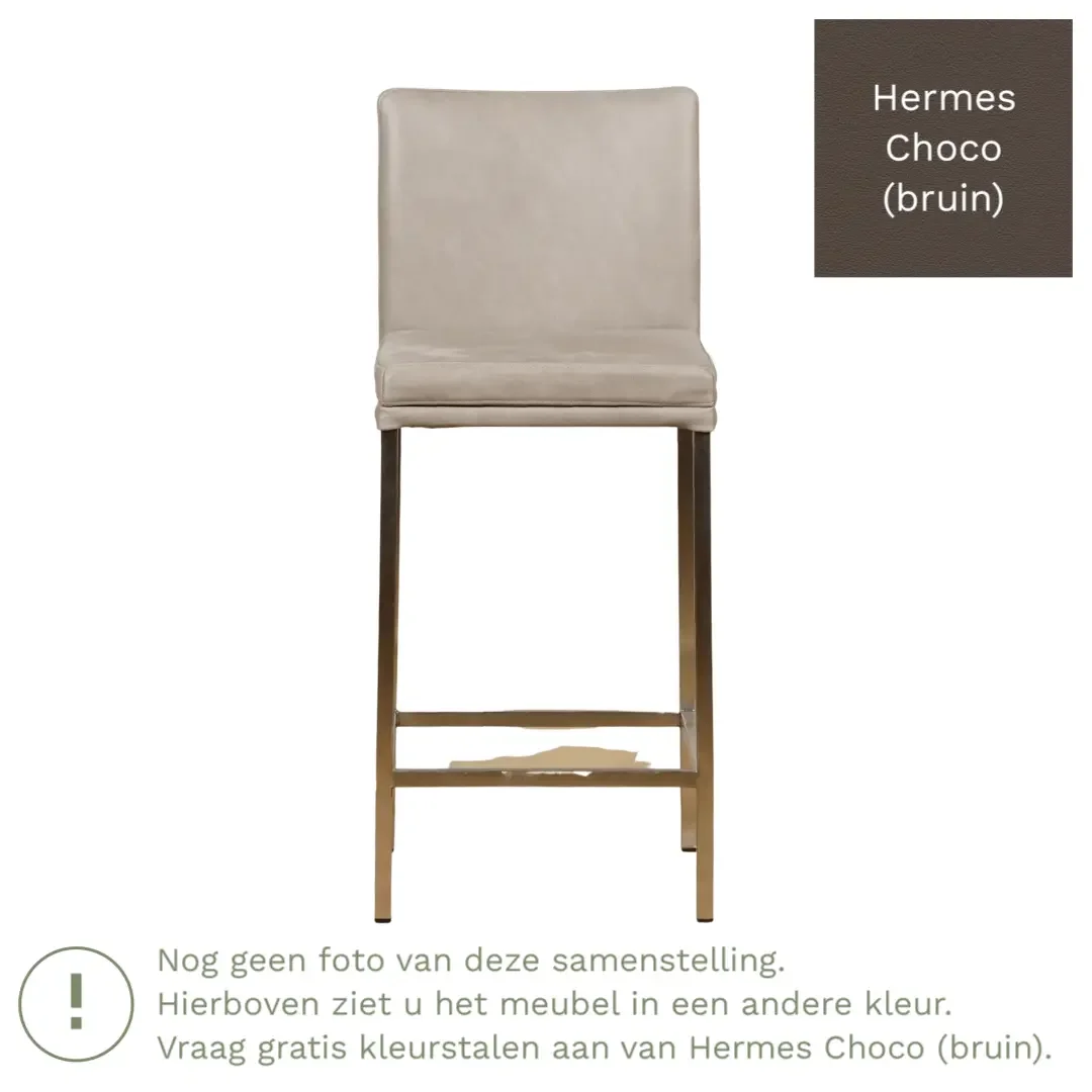 afbeelding van Leren barkruk Break laag - Hermes Choco (bruin) - Poten staal vierkant RVS