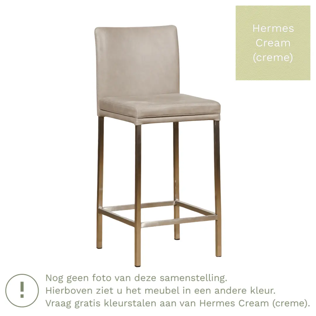 afbeelding van Leren barkruk Break laag - Hermes Cream (crème) - Poten staal vierkant zwart