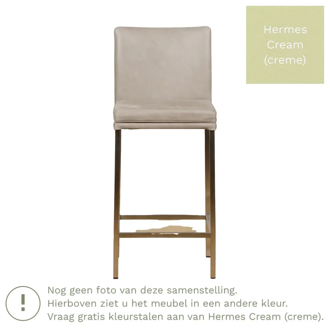 afbeelding van Leren barkruk Break laag - Hermes Cream (crème) - Poten staal vierkant zwart