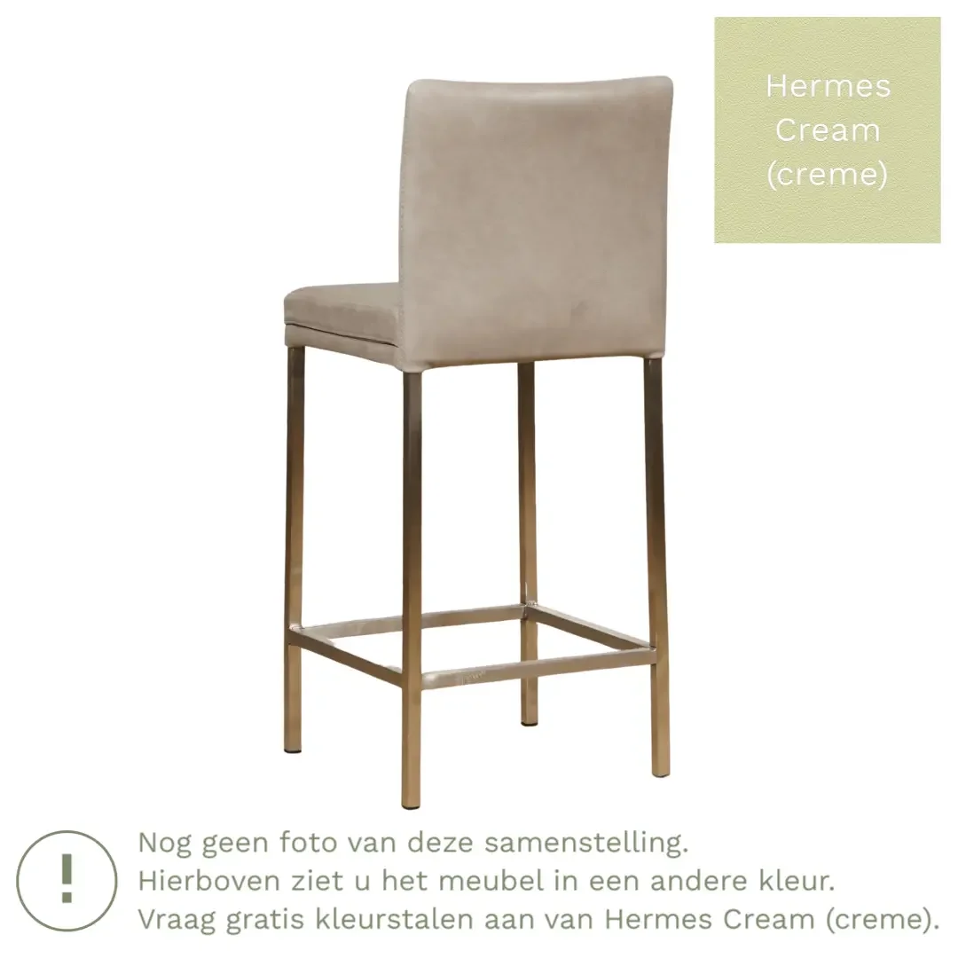 afbeelding van Leren barkruk Break laag - Hermes Cream (crème) - Poten staal vierkant zwart