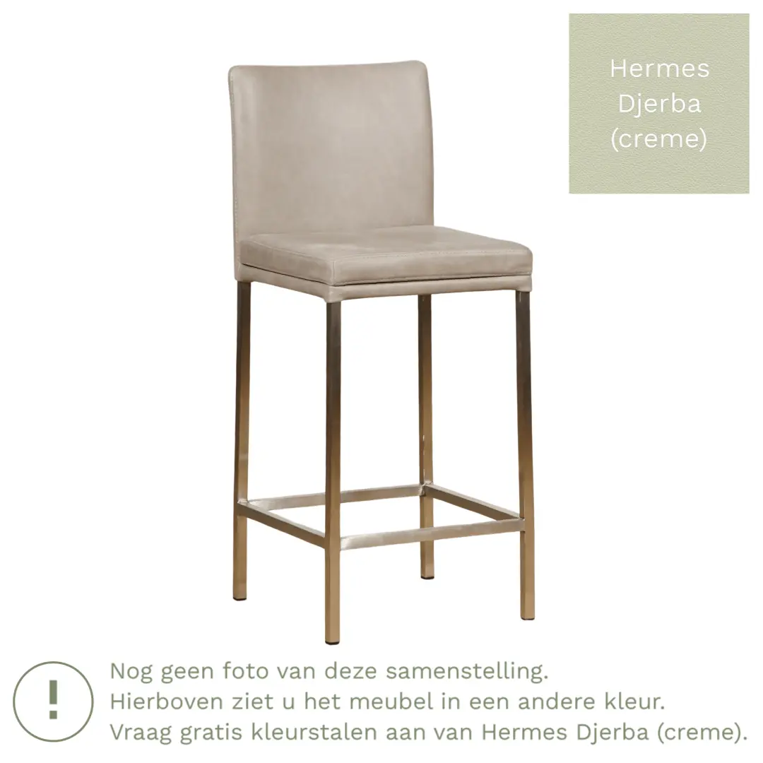 afbeelding van Leren barkruk Break laag - Hermes Djerba (crème) - Poten staal vierkant zwart