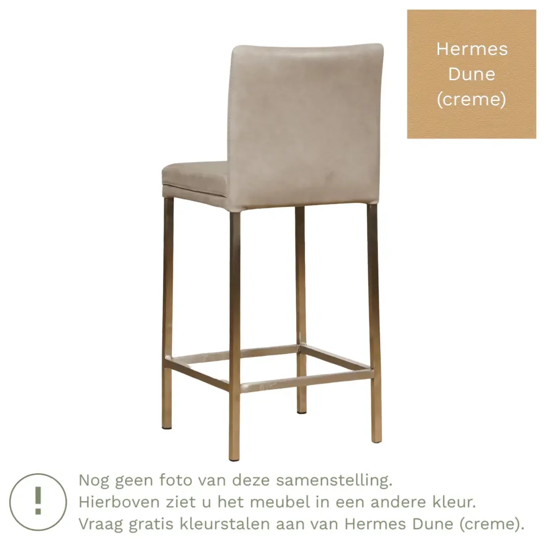 afbeelding van Leren barkruk Break laag - Hermes Dune (crème) - Poten staal vierkant RVS