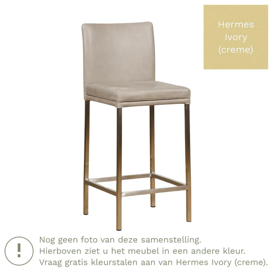 afbeelding van Leren barkruk Break laag - Hermes Ivory (crème) - Poten staal vierkant RVS