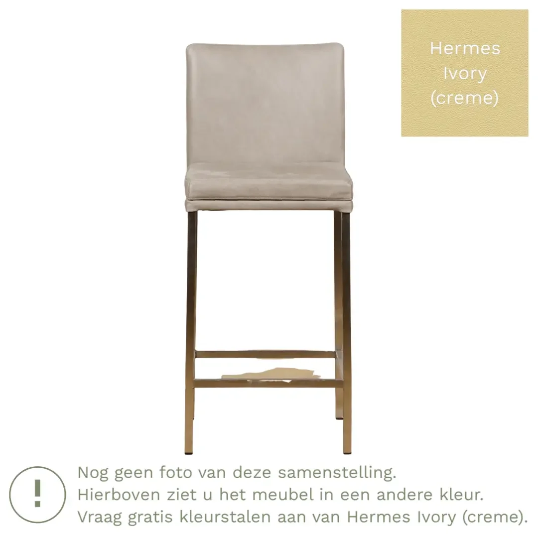 afbeelding van Leren barkruk Break laag - Hermes Ivory (crème) - Poten staal vierkant RVS