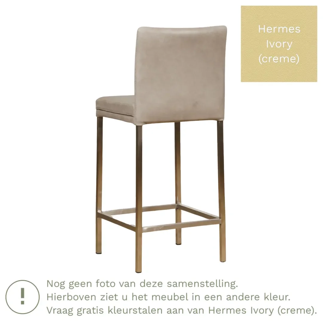afbeelding van Leren barkruk Break laag - Hermes Ivory (crème) - Poten staal vierkant RVS