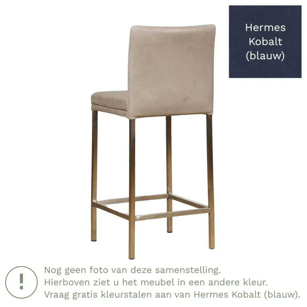 afbeelding van Leren barkruk Break laag - Hermes Kobalt (blauw) - Poten staal vierkant zwart