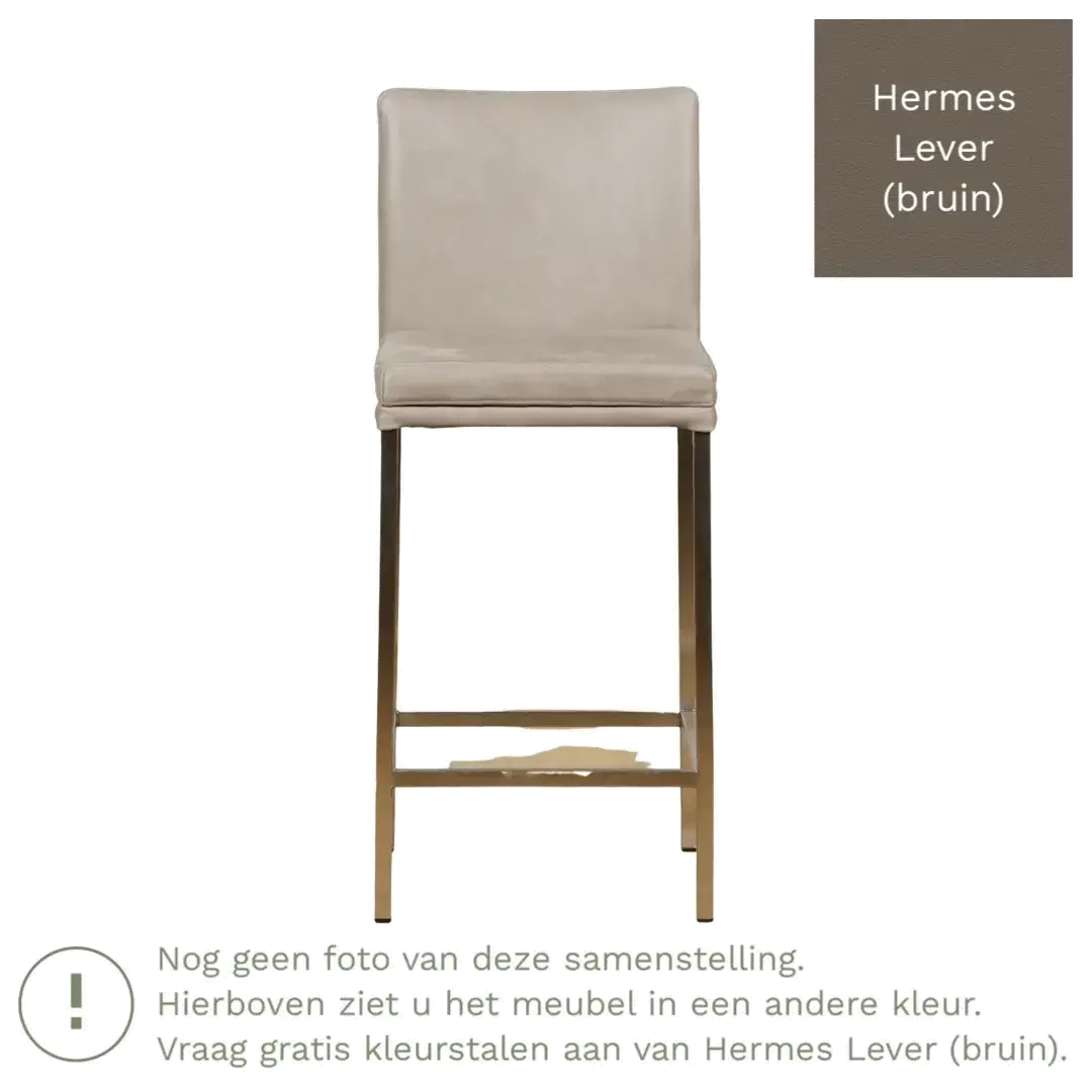 afbeelding van Leren barkruk Break laag - Hermes Lever (bruin) - Poten staal vierkant RVS