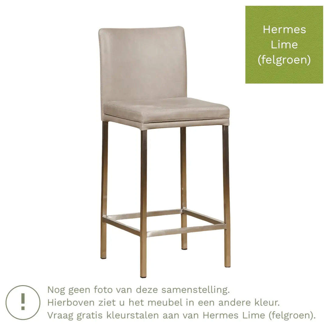 afbeelding van Leren barkruk Break laag - Hermes Lime (felgroen) - Poten staal vierkant RVS