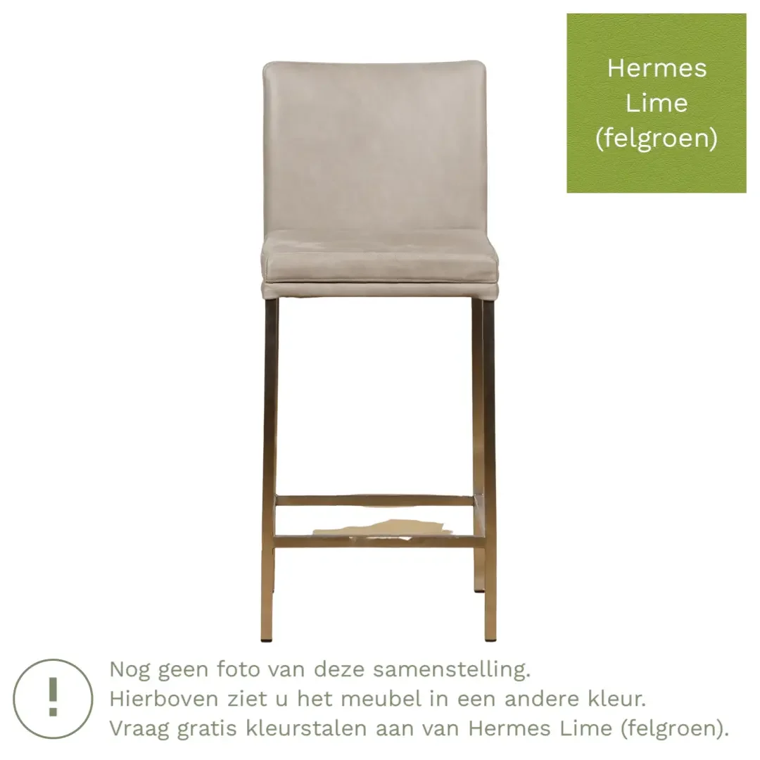 afbeelding van Leren barkruk Break laag - Hermes Lime (felgroen) - Poten staal vierkant RVS