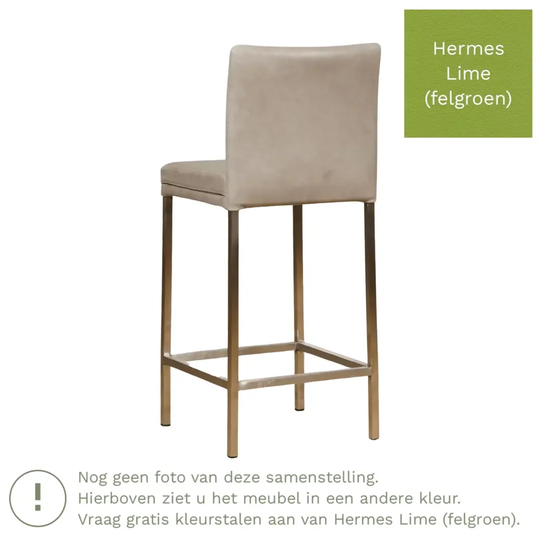 afbeelding van Leren barkruk Break laag - Hermes Lime (felgroen) - Poten staal vierkant RVS