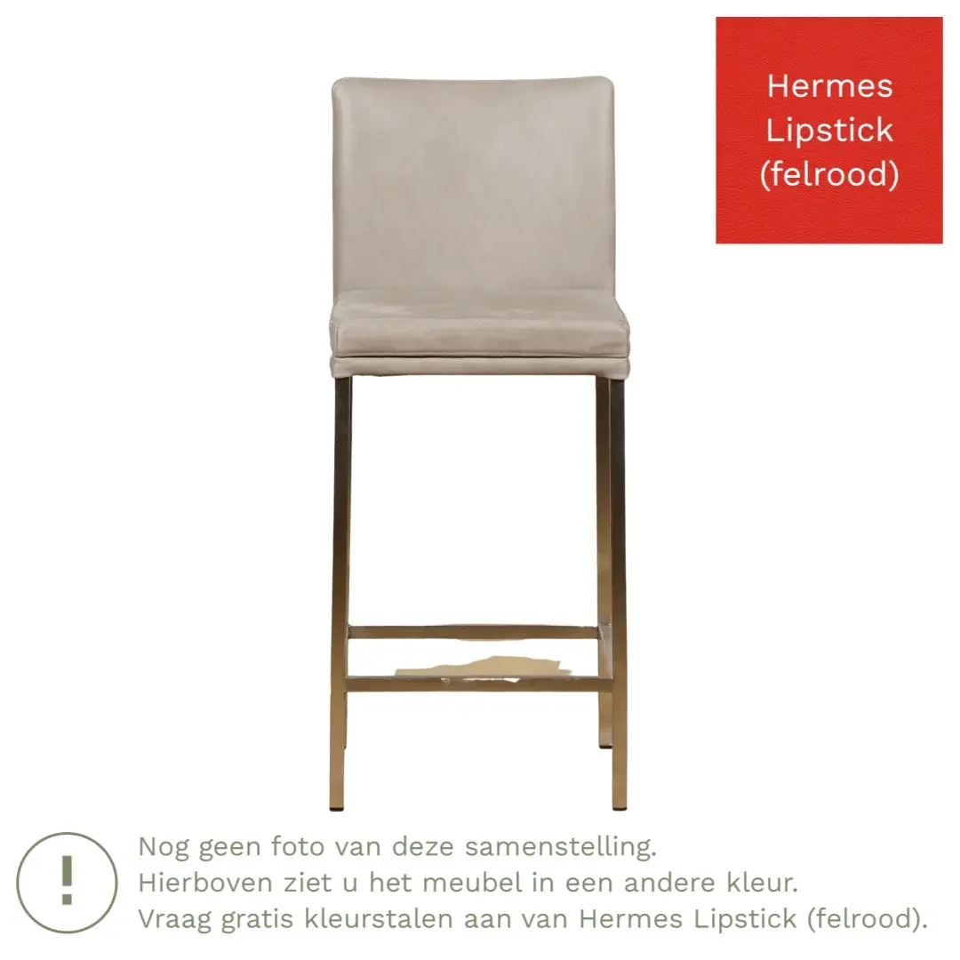 afbeelding van Leren barkruk Break laag - Hermes Lipstick (felrood) - Poten staal vierkant zwart