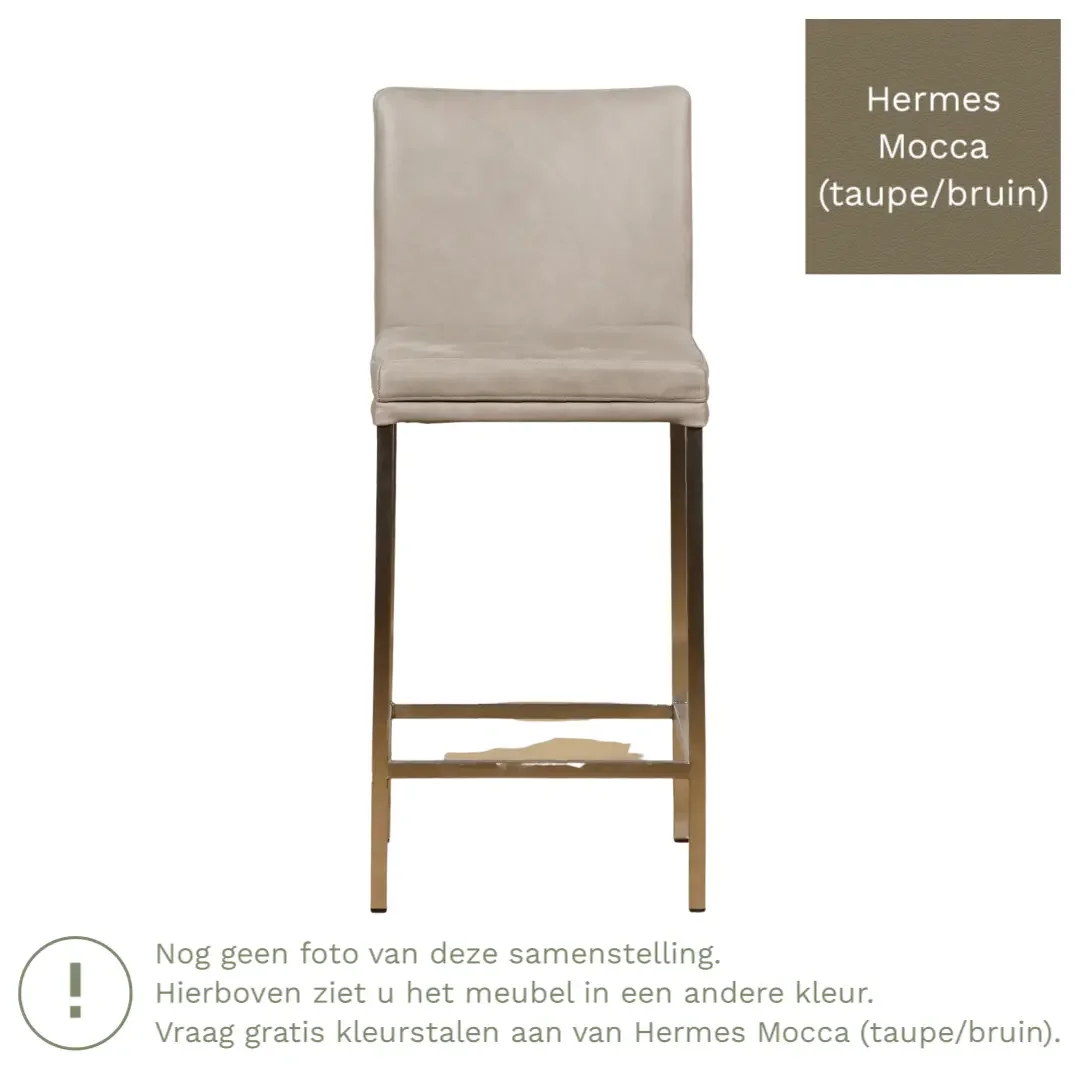 afbeelding van Leren barkruk Break laag - Hermes Mocca (taupe/bruin) - Poten staal vierkant RVS