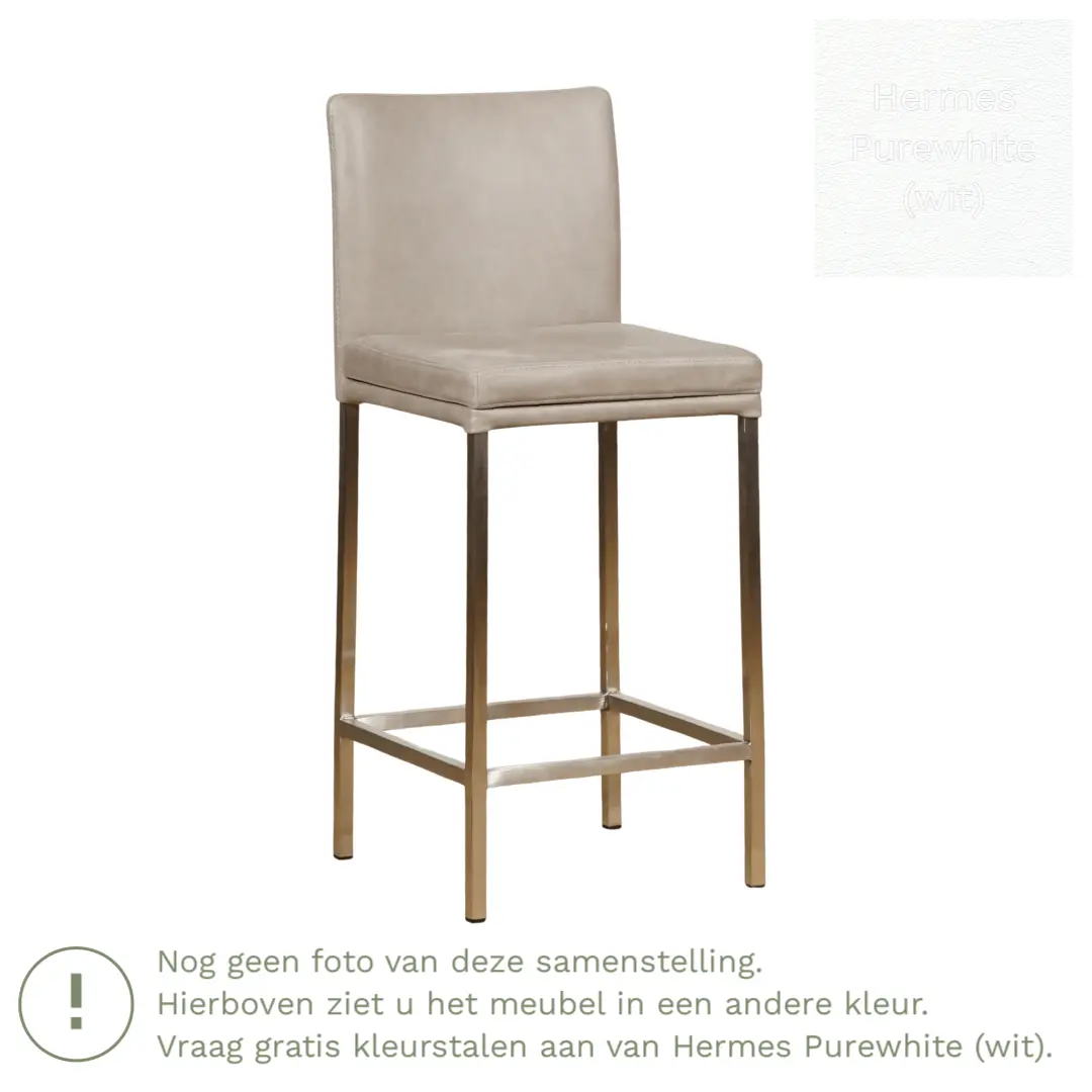 afbeelding van Leren barkruk Break laag - Hermes Purewhite (wit) - Poten staal vierkant RVS