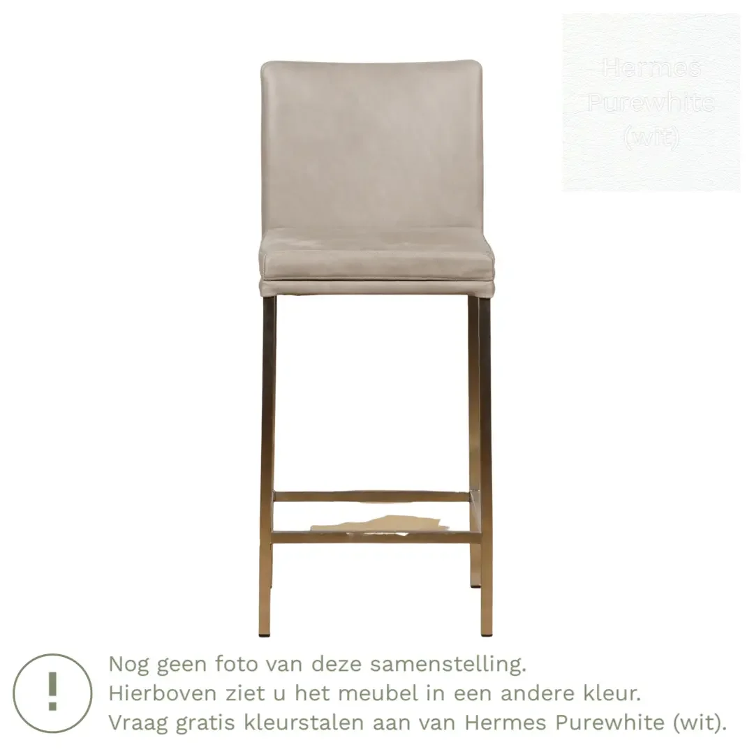 afbeelding van Leren barkruk Break laag - Hermes Purewhite (wit) - Poten staal vierkant RVS