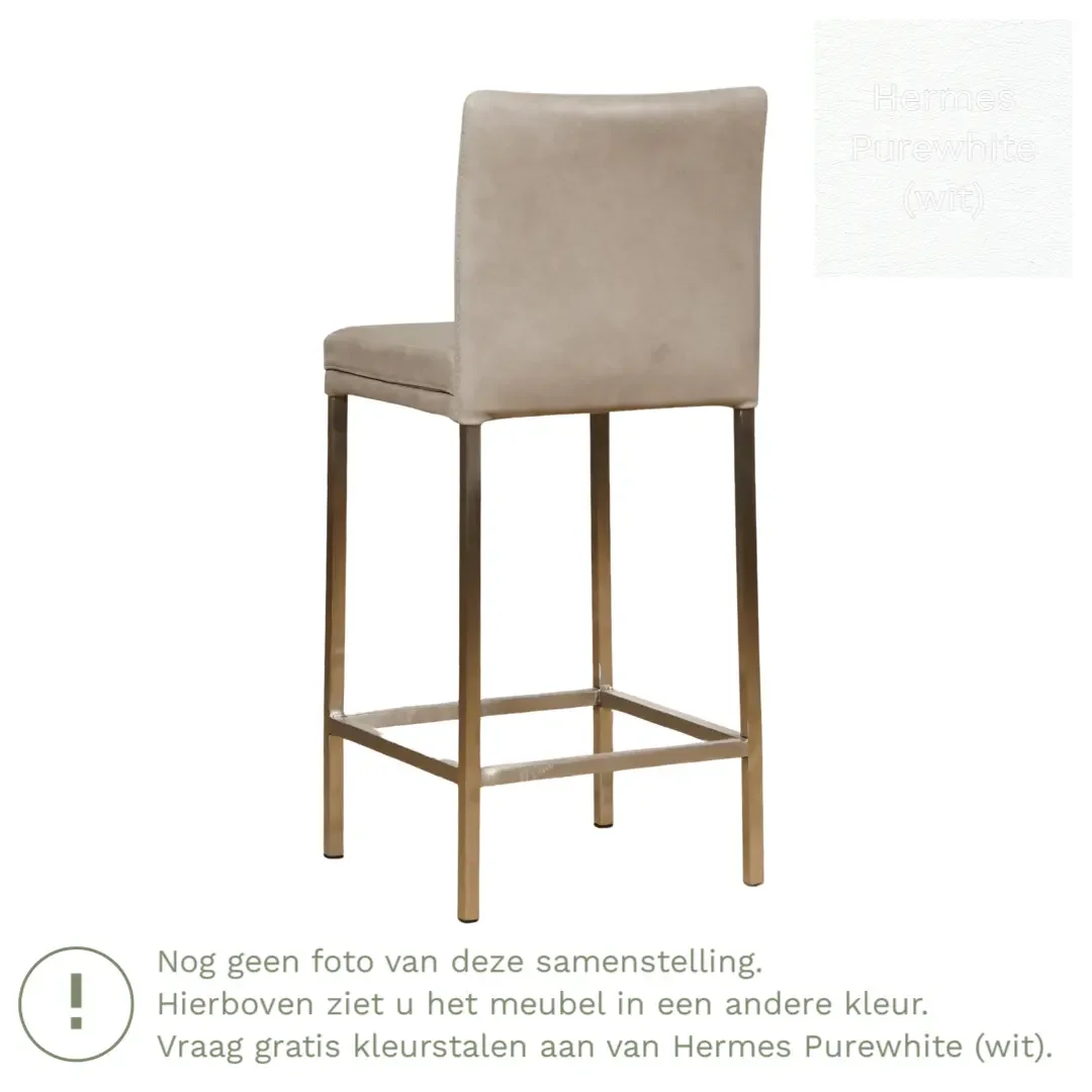 afbeelding van Leren barkruk Break laag - Hermes Purewhite (wit) - Poten staal vierkant RVS