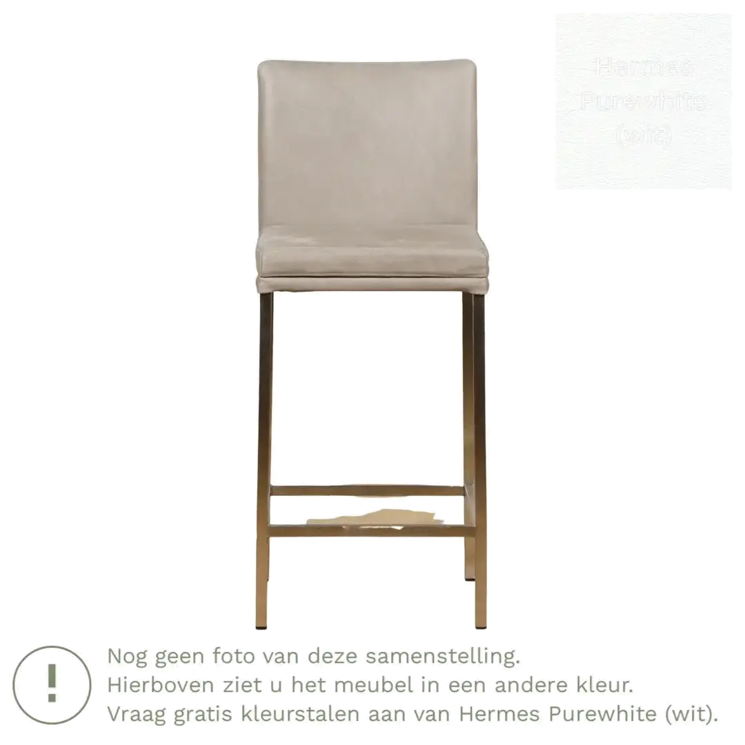 afbeelding van Leren barkruk Break laag - Hermes Purewhite (wit) - Poten staal vierkant zwart