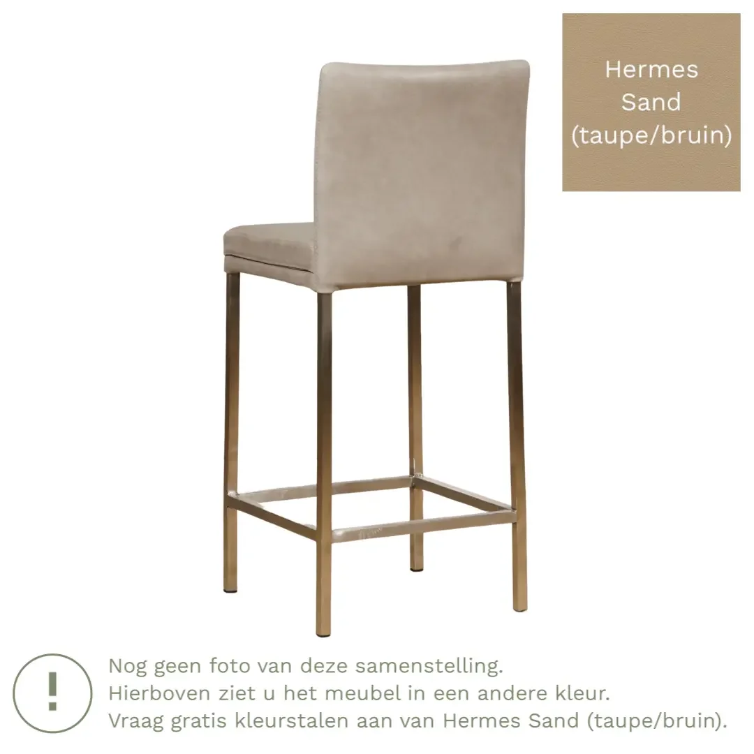 afbeelding van Leren barkruk Break laag - Hermes Sand (taupe/bruin) - Poten staal vierkant RVS