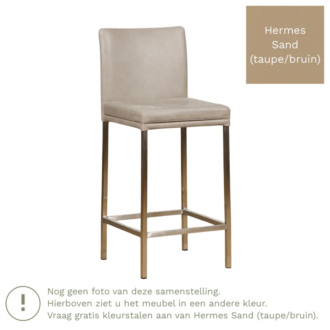 afbeelding van Leren barkruk Break laag - Hermes Sand (taupe/bruin) - Poten staal vierkant zwart